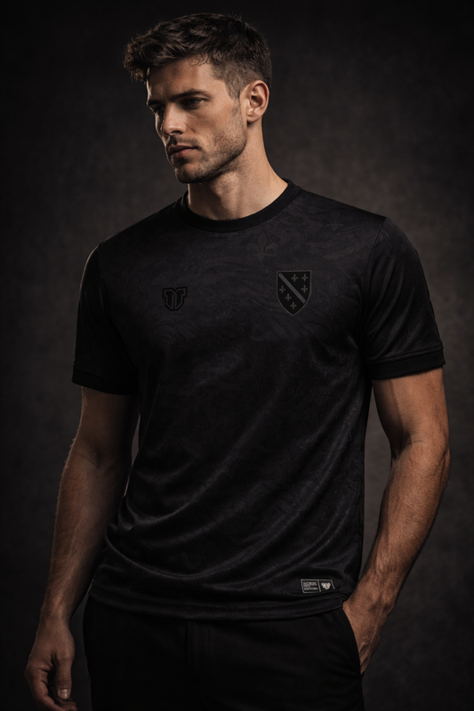 Bosnia blackout concept football jersey featuring subtle pattern of lilies symbolizing King Tvrtko and stealth dragon details.