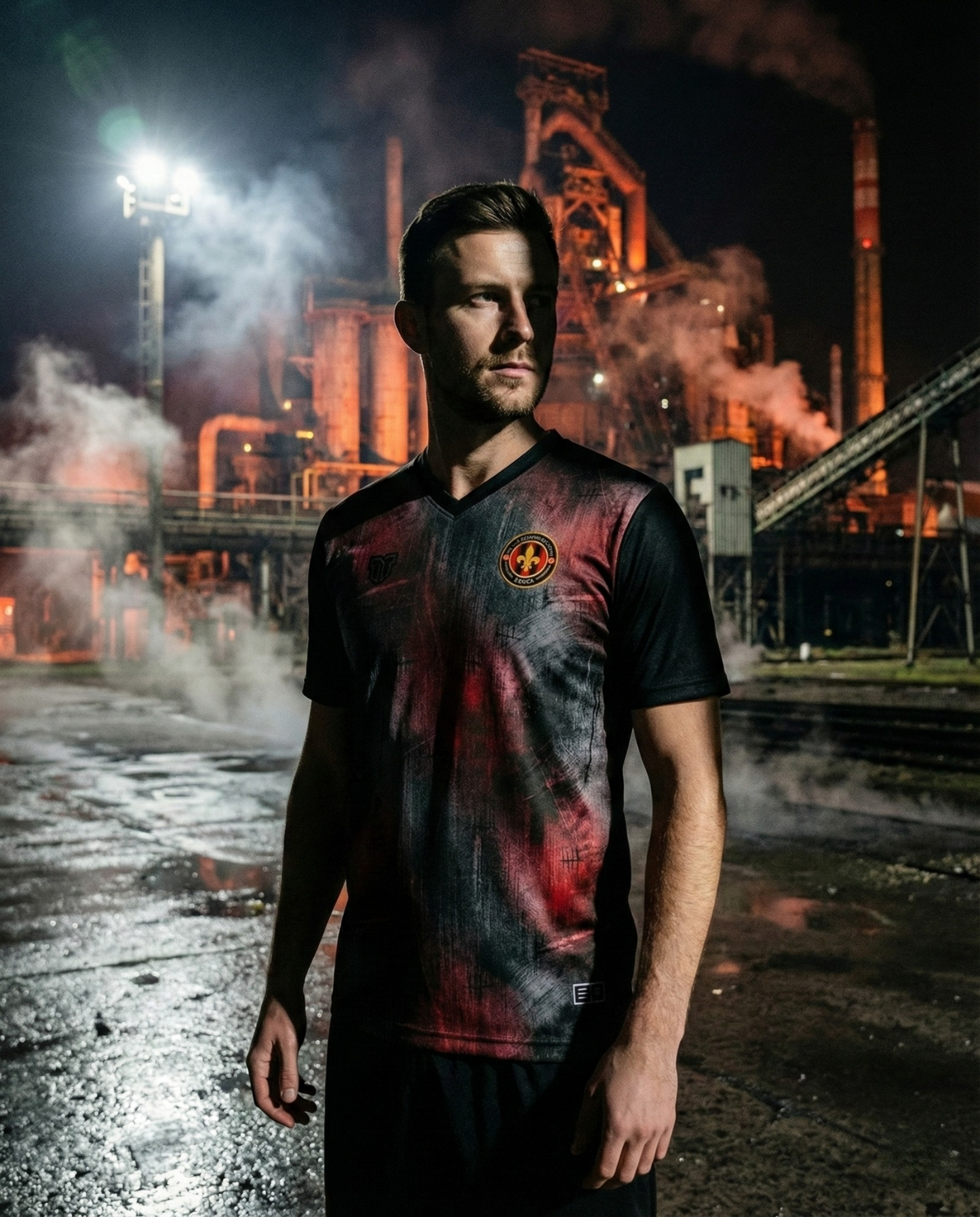 Zenica concept football jersey featuring black and red industrial pattern inspired by steelworks, with Grad Celika gold text on the back.