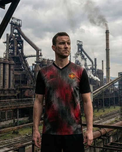 Zenica concept football jersey featuring black and red industrial pattern inspired by steelworks, with Grad Celika gold text on the back.