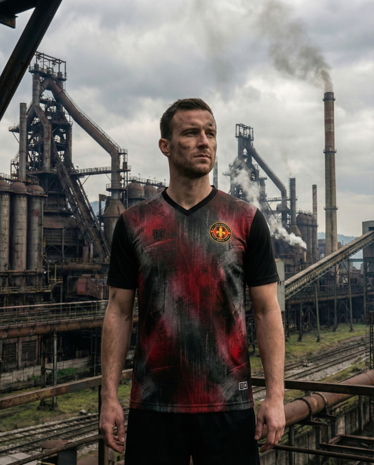 Zenica concept football jersey featuring black and red industrial pattern inspired by steelworks, with Grad Celika gold text on the back.