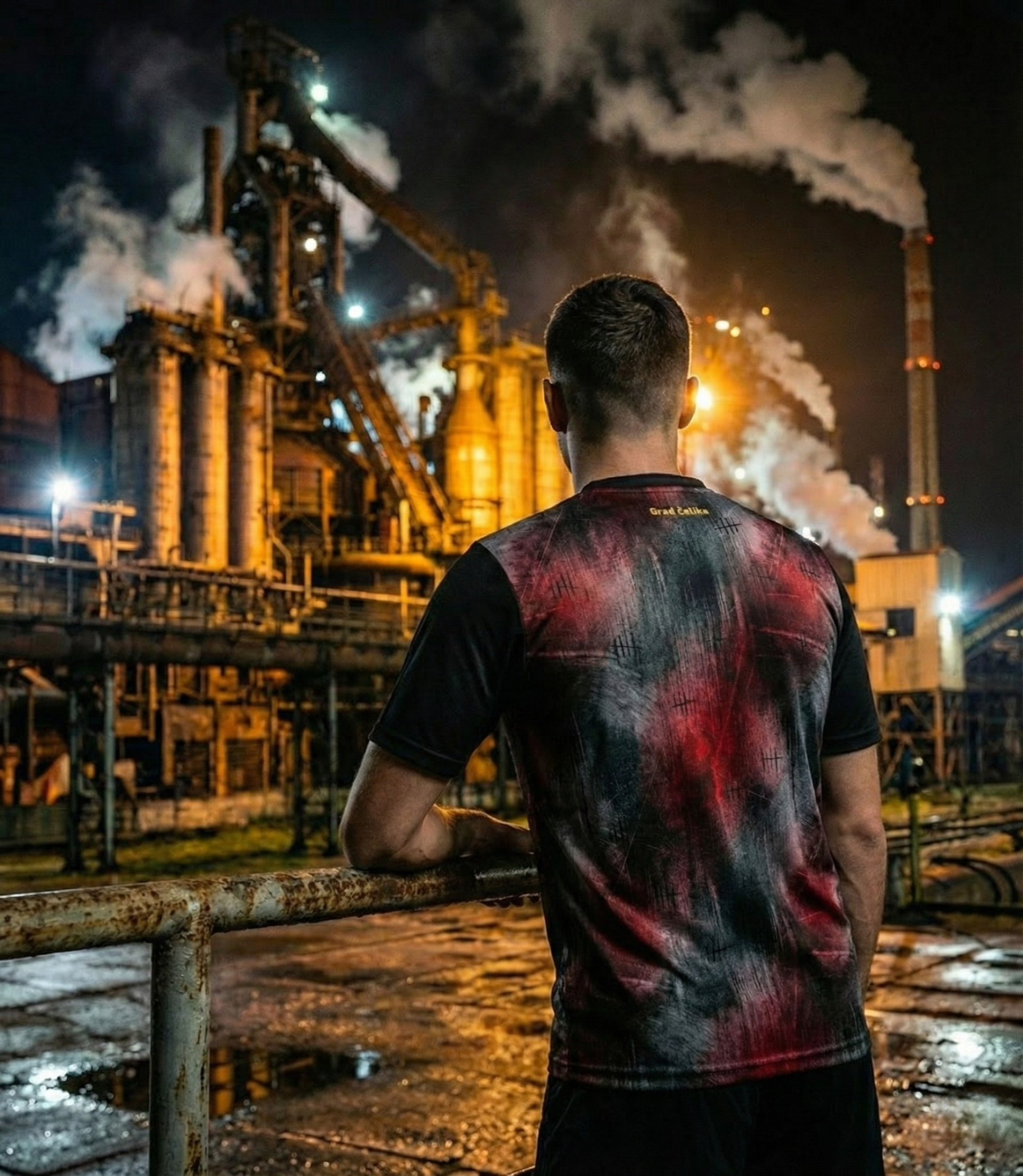 Zenica concept football jersey featuring black and red industrial pattern inspired by steelworks, with Grad Celika gold text on the back.