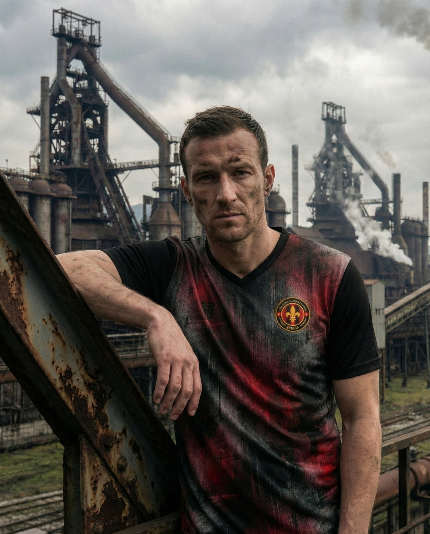 Zenica concept football jersey featuring black and red industrial pattern inspired by steelworks, with Grad Celika gold text on the back.