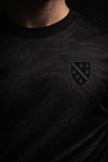 Bosnia blackout concept football jersey featuring subtle pattern of lilies symbolizing King Tvrtko and stealth dragon details.