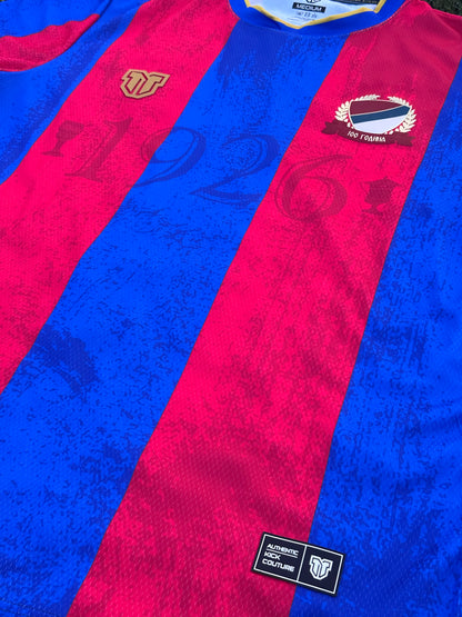 Close-up of a Borac Banja Luka concept red and blue sports jersey with logos and text.