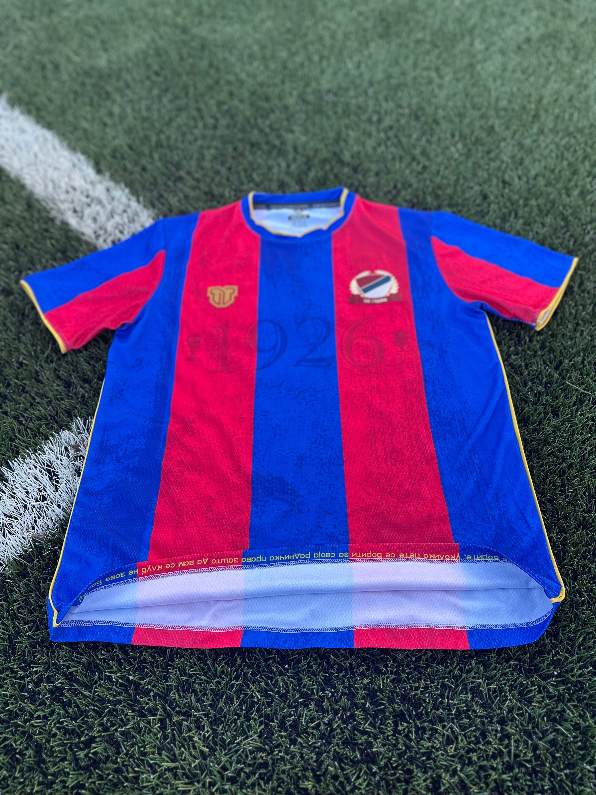 Blue and red striped sports jersey on a grass field