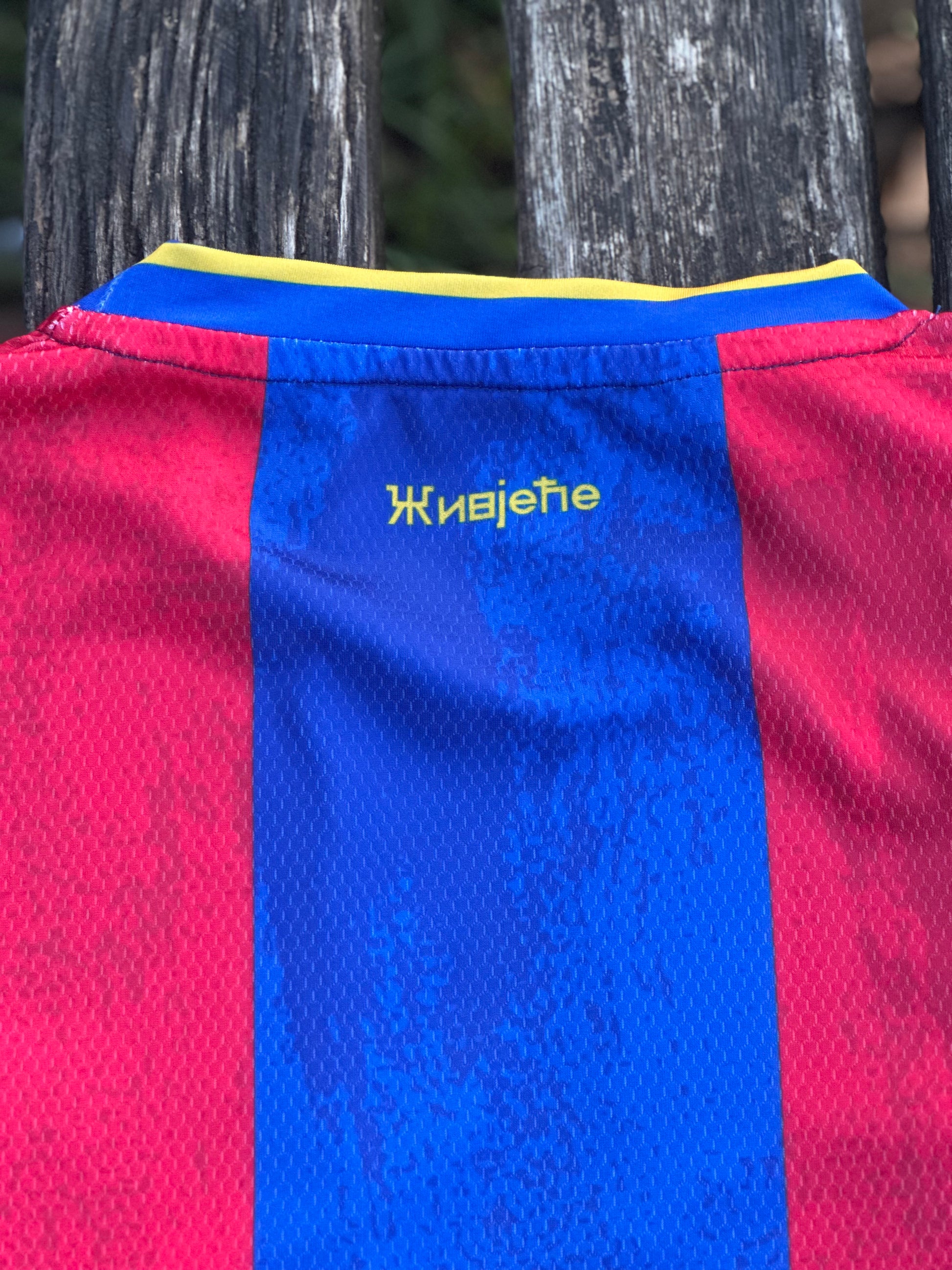 Close-up of a Borac Banja Luka concept red and blue sports jersey with logos and text.
